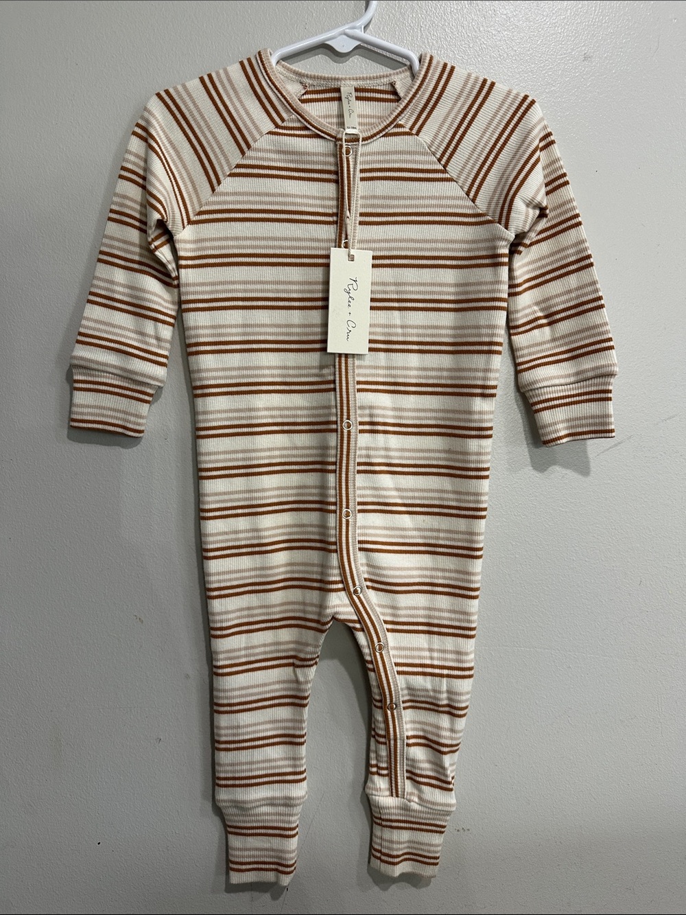 NWT Rylee + Cru Organic Cotton Ribbed Romper 12-18M Cinnamon Oat Stripe